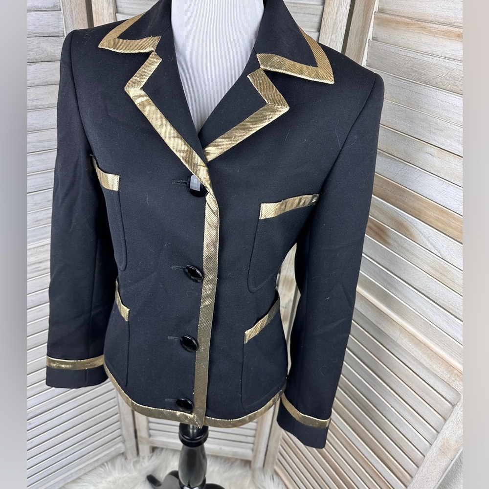 Vintage Valentino Boutique Military Gold Lame Trim Black Blazer Jacket Size 4 - Picture 3 of 9